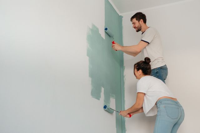 two people painting a wall